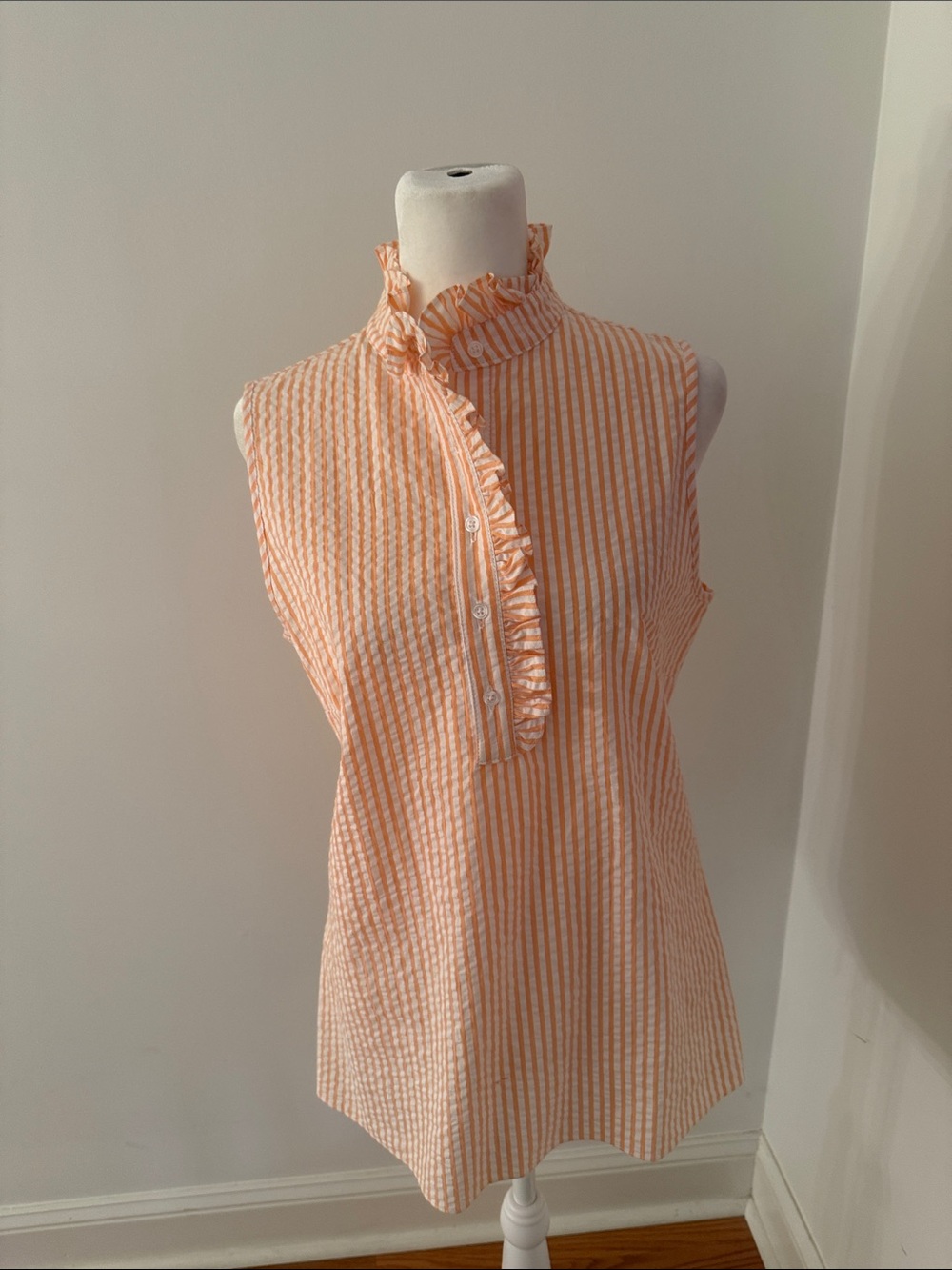 Sleeveless Peach & White Striped Ruffle-Neck Blouse
